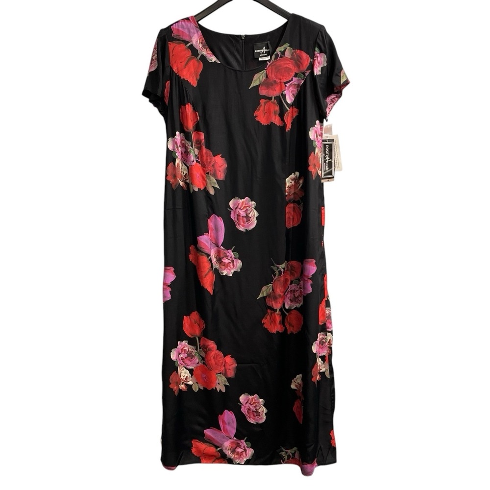 Positive Attitude Dress Womens‎ 14 Black Red Roses Floral Satin Maxi Artsy Event